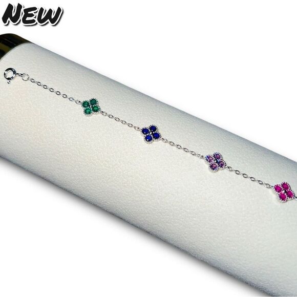 New Exclusively Fancy 925 Sterling Silver Rainbow Clover Bracelet - Picture 4 of 7